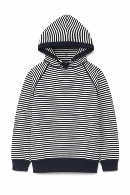 Front view of L.O.G.G by H&M Teens Navy & White Striped Cotton Hoodie, size 8-10, Years