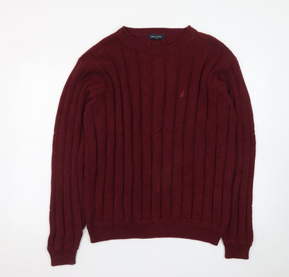 Nautica Men's Red Cotton Cable-Knit Crew Neck Jumper L