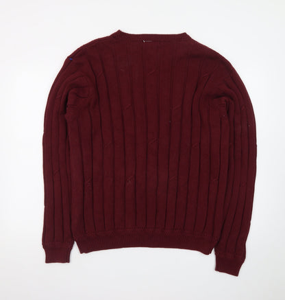 Nautica Men's Red Cotton Cable-Knit Crew Neck Jumper L