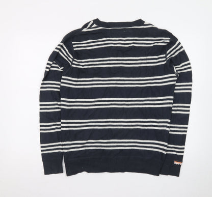 Superdry Men's Blue Striped V-Neck Cotton Jumper Size M