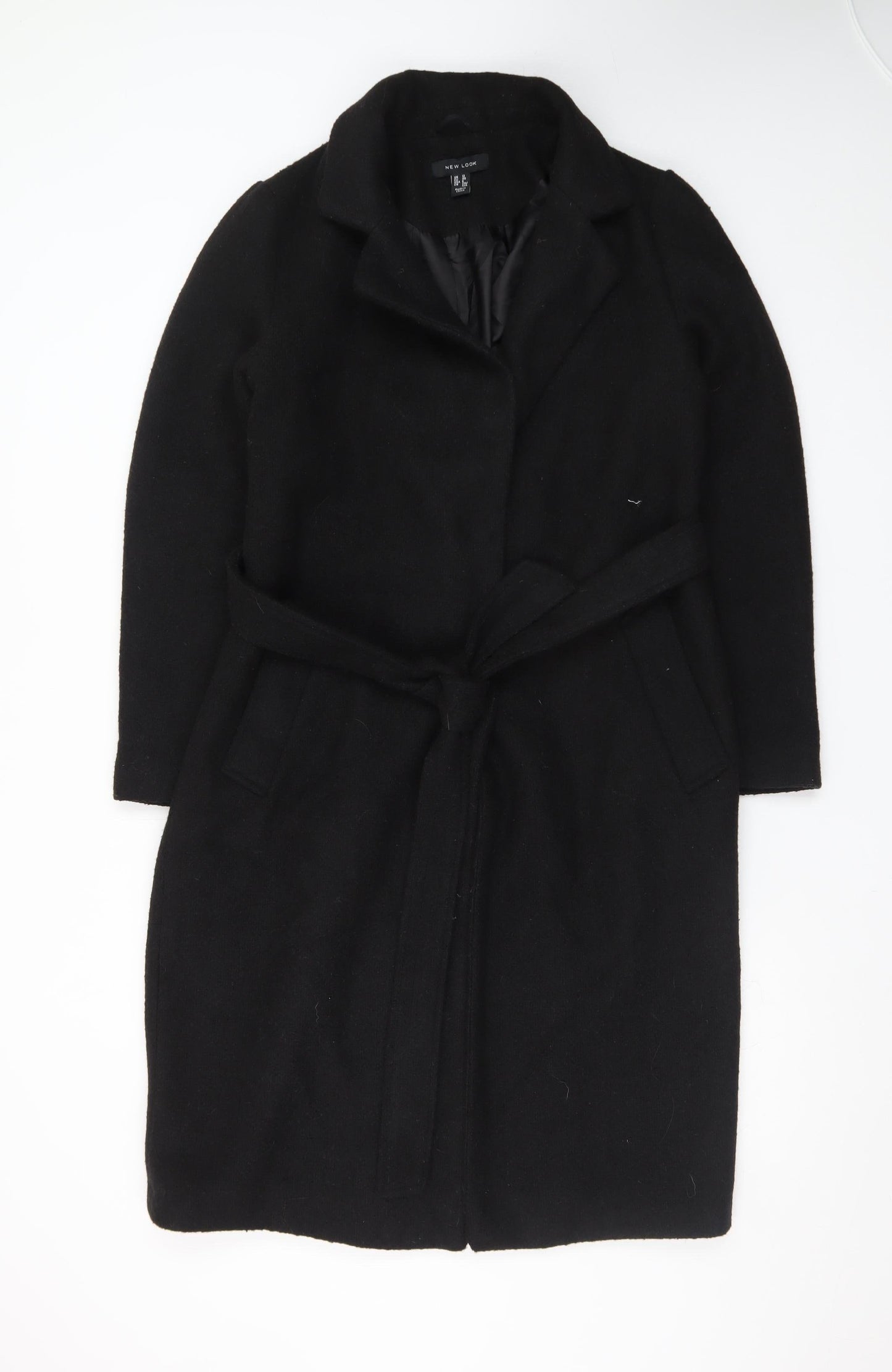 New Look Womens Black Long Belted Overcoat Size 12