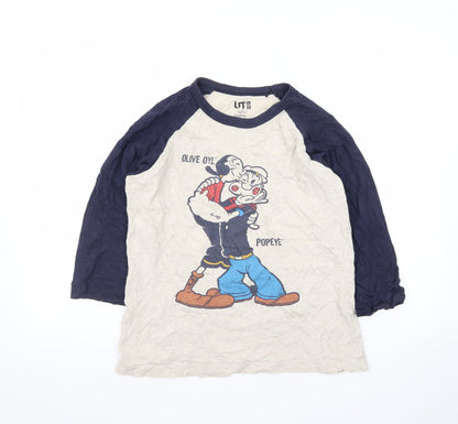 Uniqlo Men Beige Navy Popeye Graphic 3/4 Sleeve T-Shirt Size S