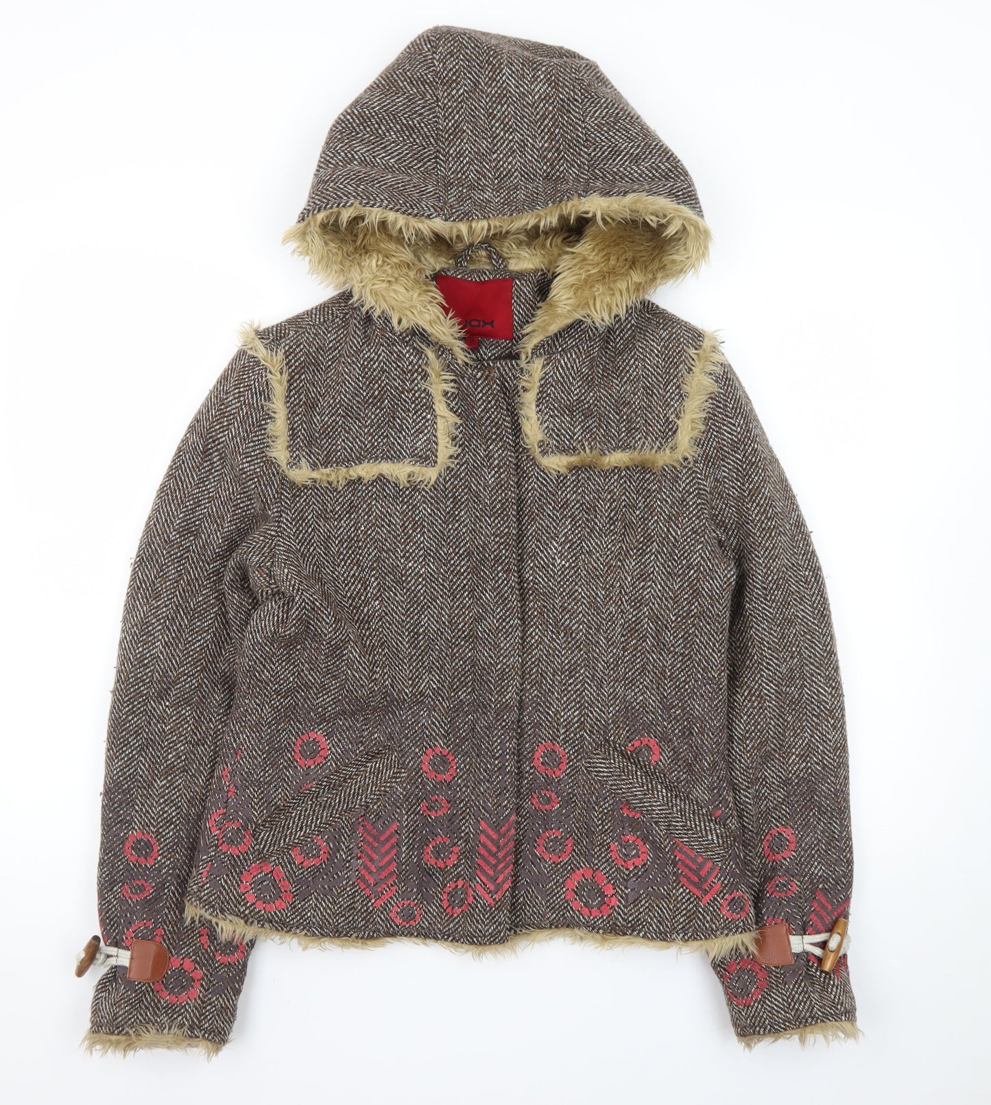 Wax Women's Brown Faux Fur Hooded Tweed Jacket Size 12