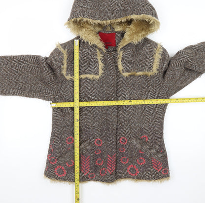 Wax Women's Brown Faux Fur Hooded Tweed Jacket Size 12