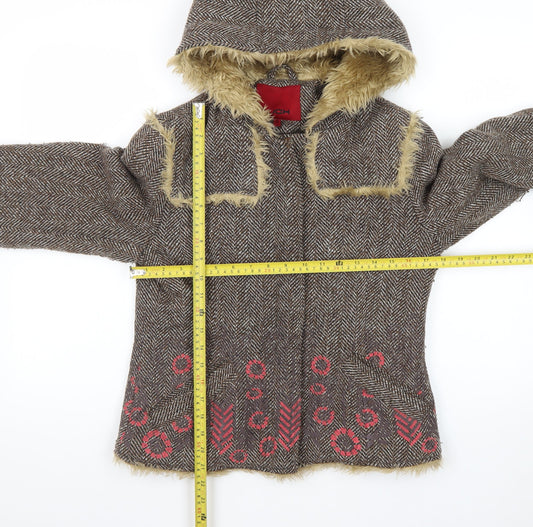 Wax Women's Brown Faux Fur Hooded Tweed Jacket Size 12