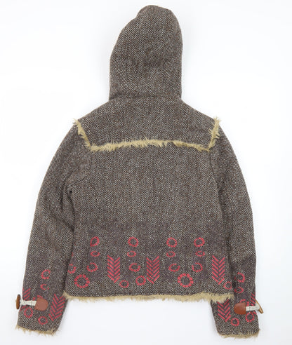 Wax Women's Brown Faux Fur Hooded Tweed Jacket Size 12