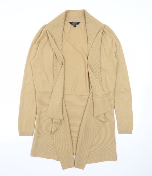 Lipsy London Women Beige Long Sleeve Open Front Ribbed Cardigan M