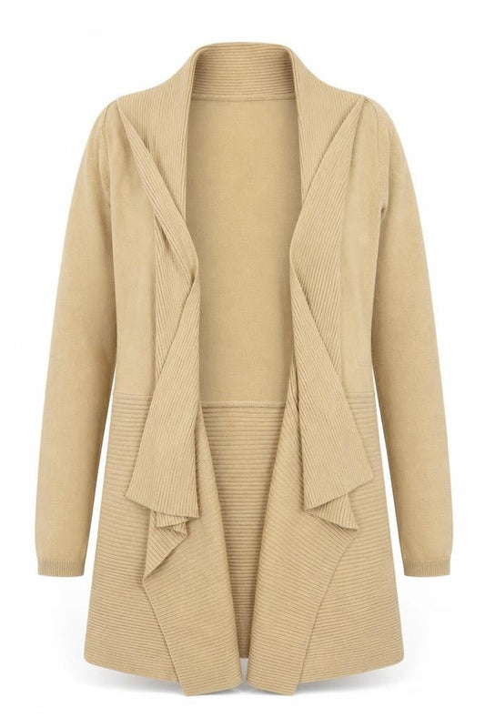 Lipsy London Women Beige Long Sleeve Open Front Ribbed Cardigan M