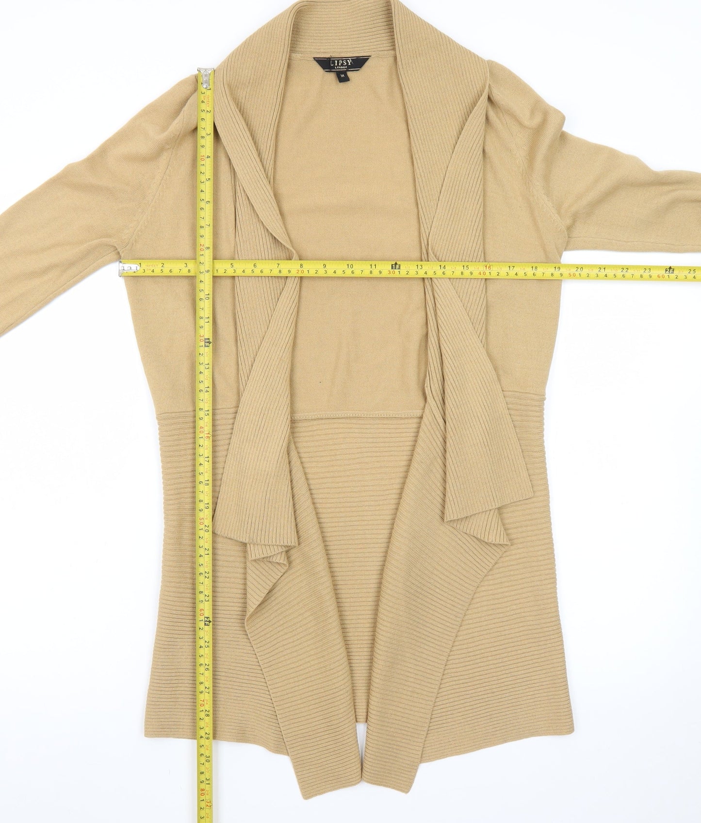Lipsy London Women Beige Long Sleeve Open Front Ribbed Cardigan M
