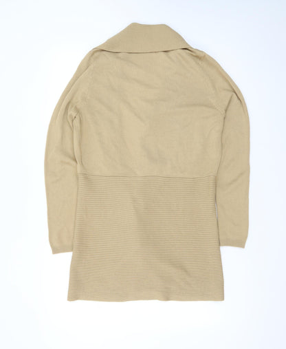 Lipsy London Women Beige Long Sleeve Open Front Ribbed Cardigan M