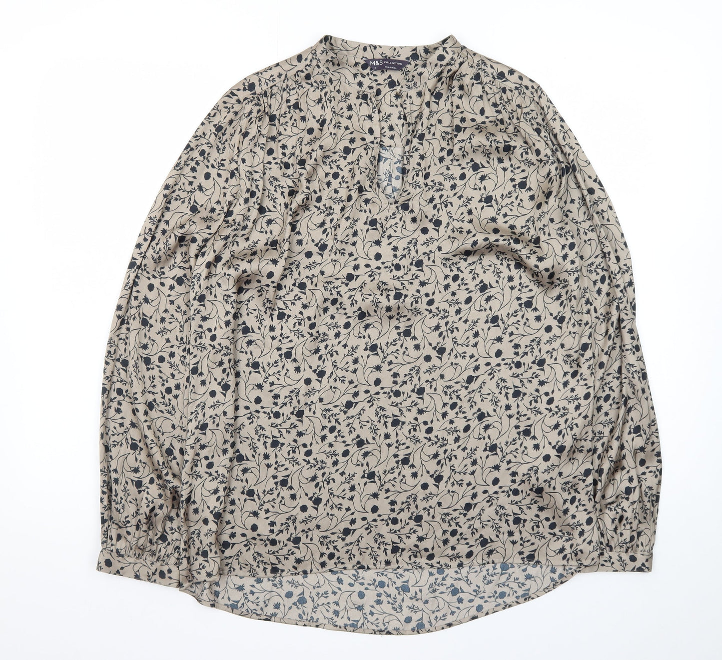Marks and Spencer Womens Beige Floral Viscose Long Sleeve Blouse Size 8