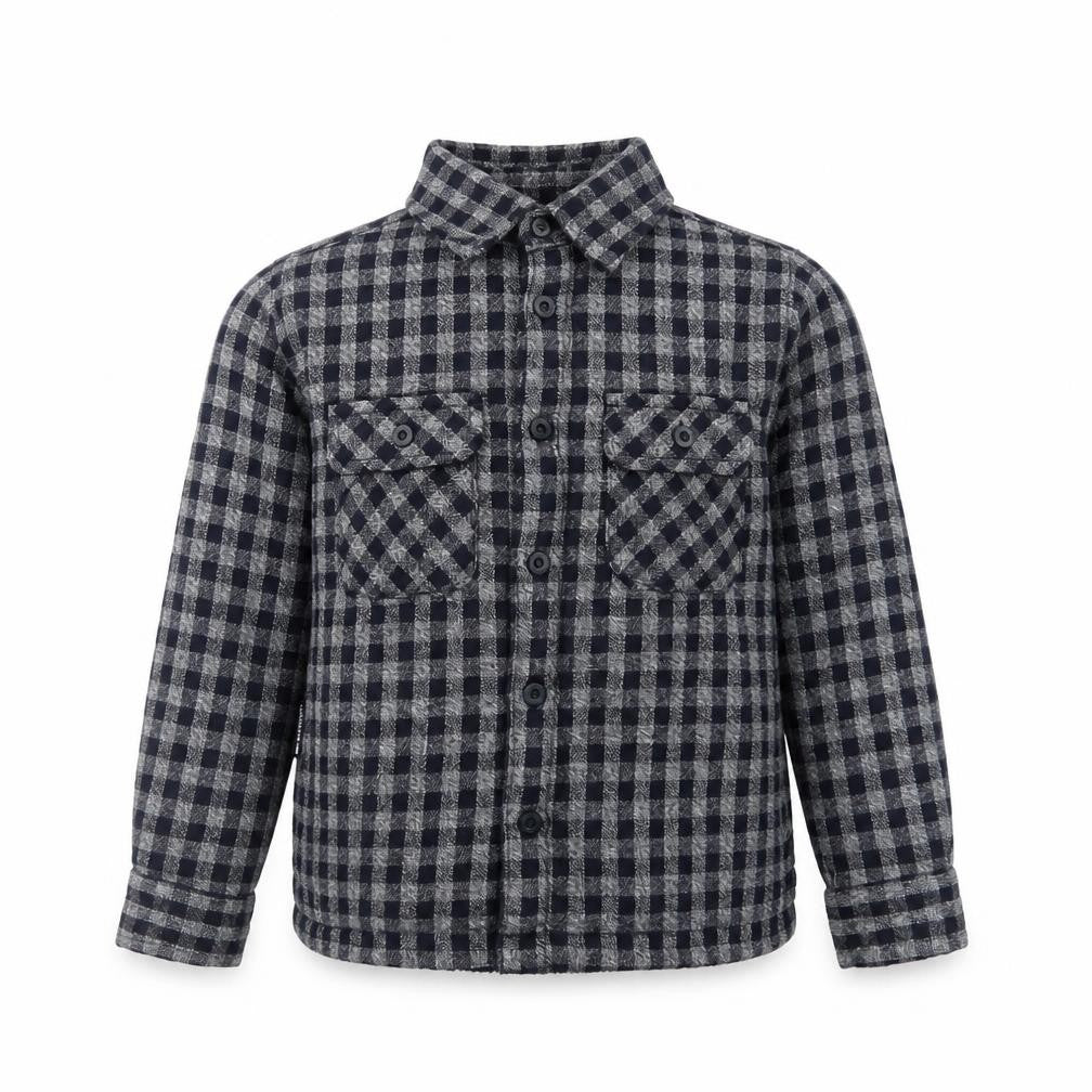 Front view of Trespass boys’ blue checked flannel shirt jacket 5-6 years lined winter