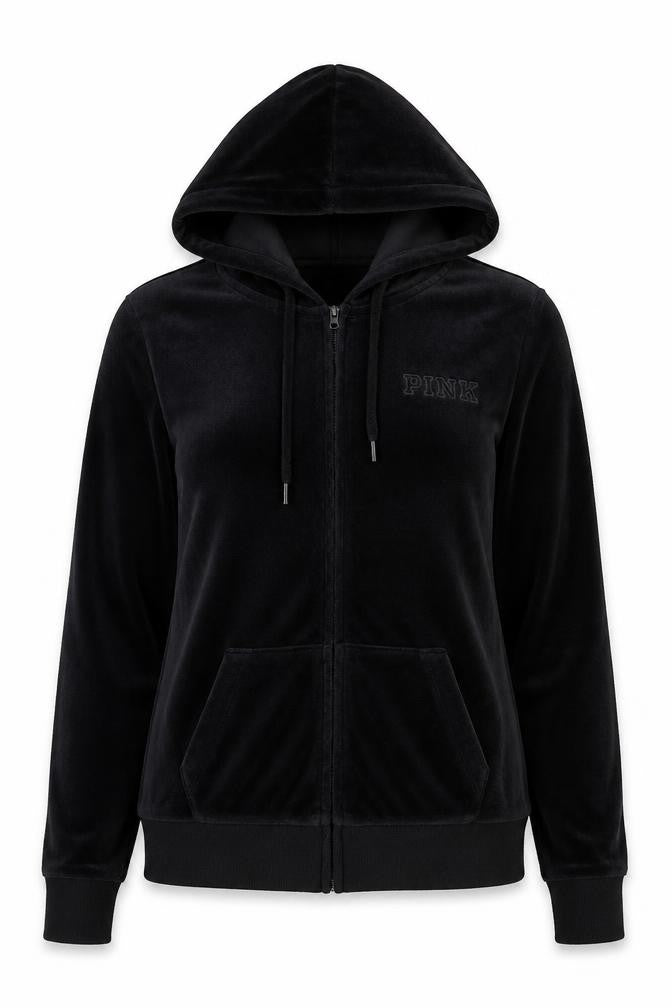 Victoria’s Secret PINK Women's Black Velour Full Zip Hoodie XS