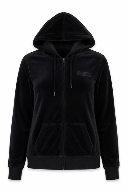 Victoria’s Secret PINK Women's Black Velour Full Zip Hoodie XS