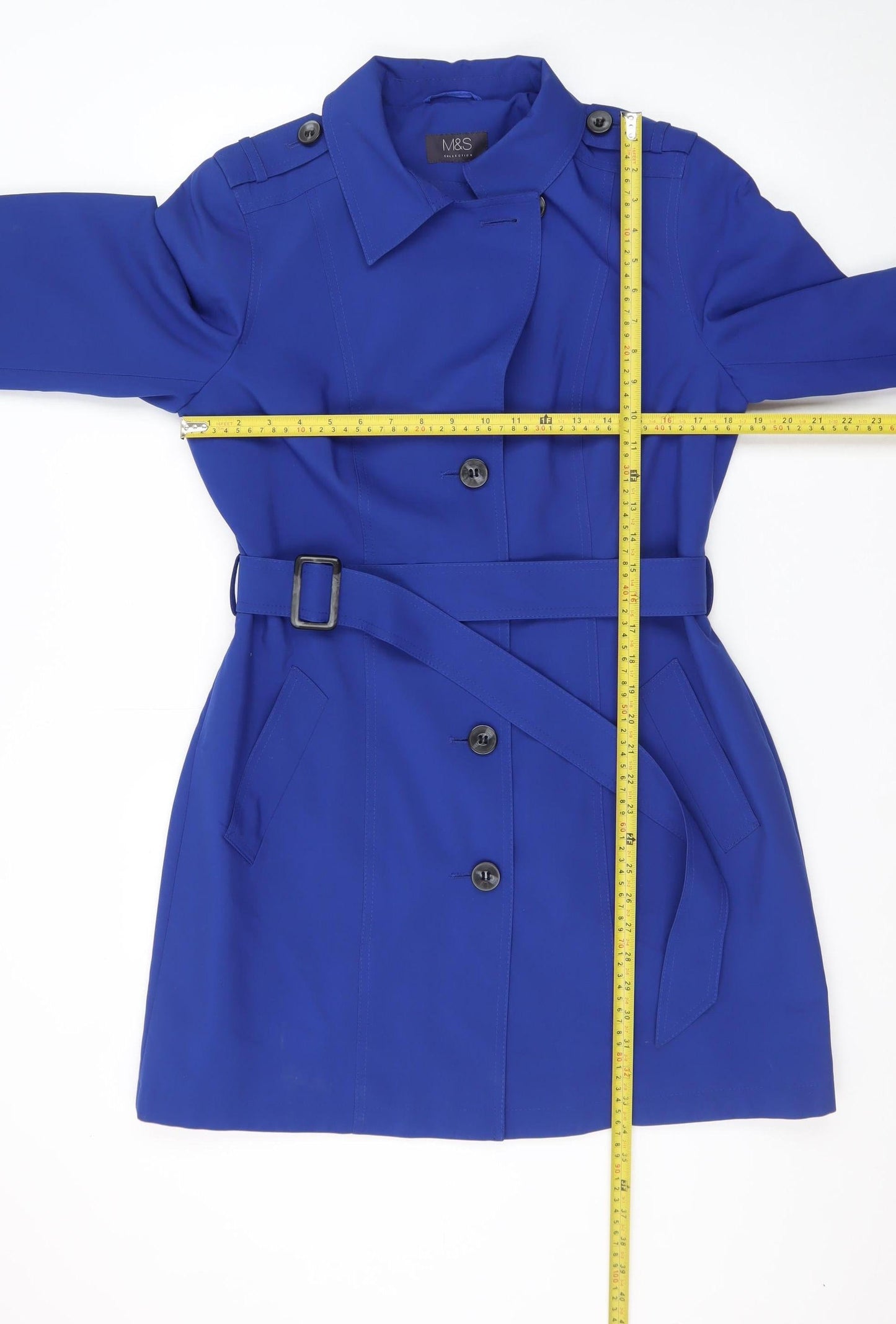 Marks and Spencer Women Blue Size 14 Trench Coat Belted Mid-Length Polyester
