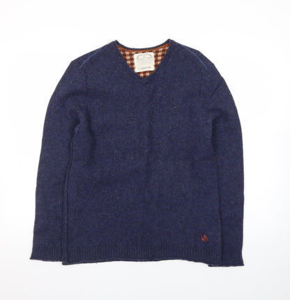 White Stuff Men's Blue Wool V-Neck Pullover Jumper Medium