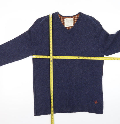 White Stuff Men's Blue Wool V-Neck Pullover Jumper Medium
