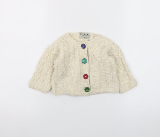 Blarney Woollen Mills Ivory Baby Aran Knit Wool Cardigan 6-9 Months