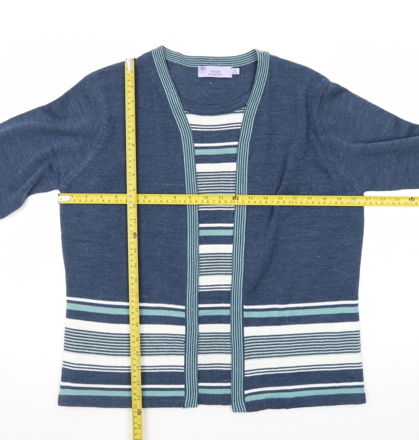 Honor Millburn Womens Blue Striped Cardigan Size 14-16 Merino Wool