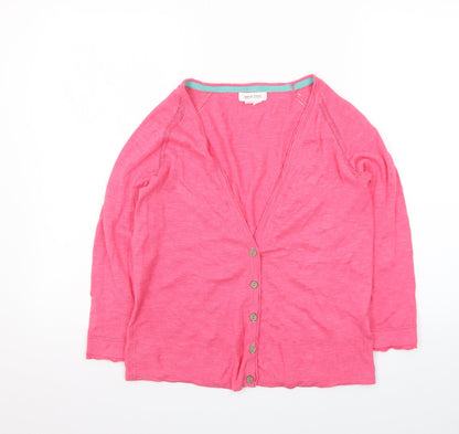 White Stuff Women Pink Cotton V-Neck 3/4 Sleeve Cardigan UK 10
