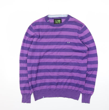 SUN68 Men's Purple Striped Cotton Crew Neck Jumper Size S