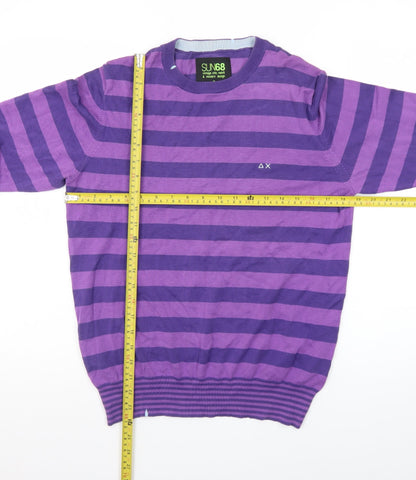 SUN68 Men's Purple Striped Cotton Crew Neck Jumper Size S