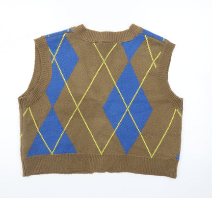 Collusion Brown Argyle Knit V-Neck Vest Unisex S Acrylic Retro Style