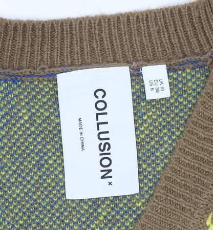 Collusion Brown Argyle Knit V-Neck Vest Unisex S Acrylic Retro Style