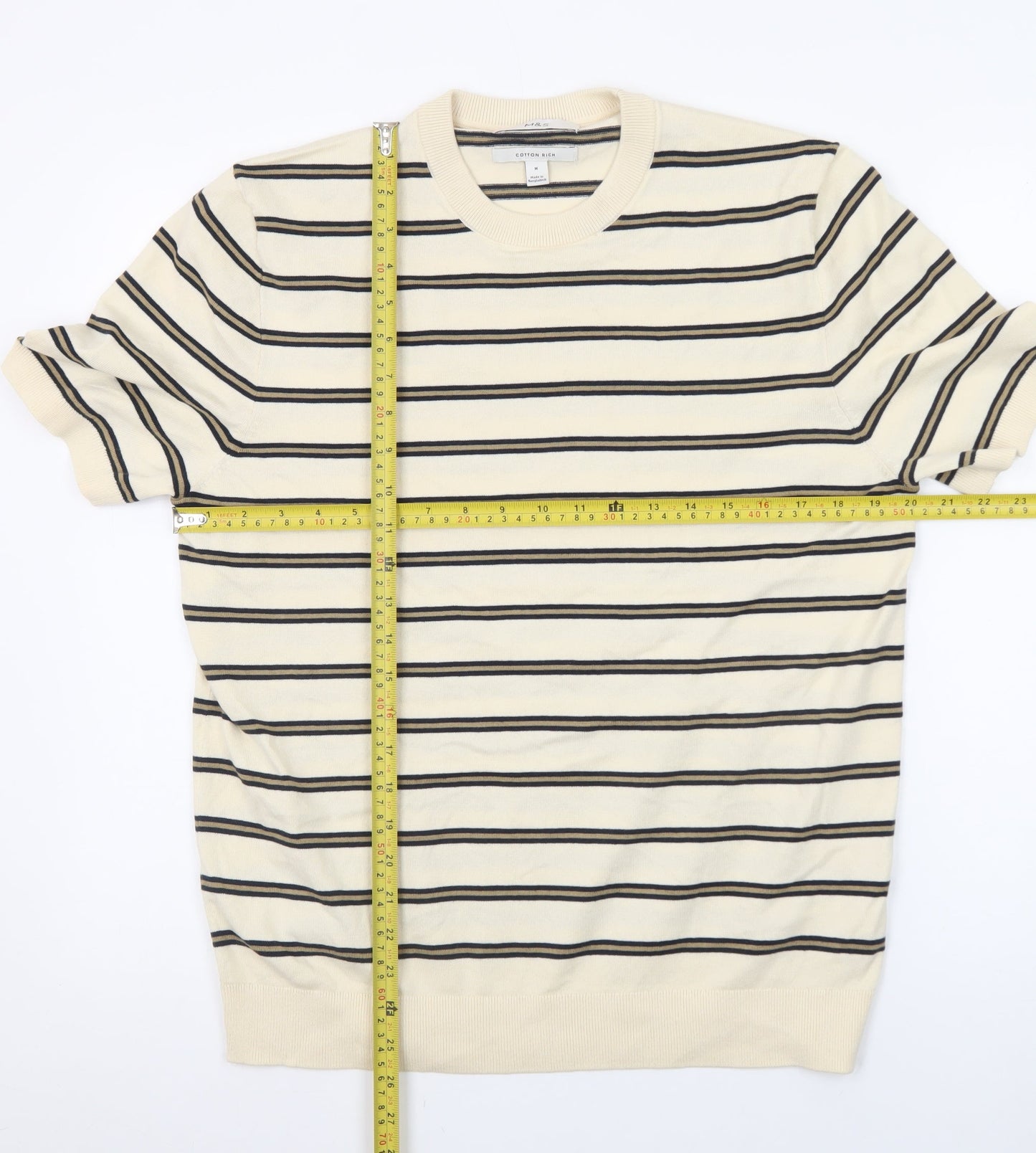 Marks and Spencer Men's Beige Striped Cotton Crew Neck T-Shirt Size M