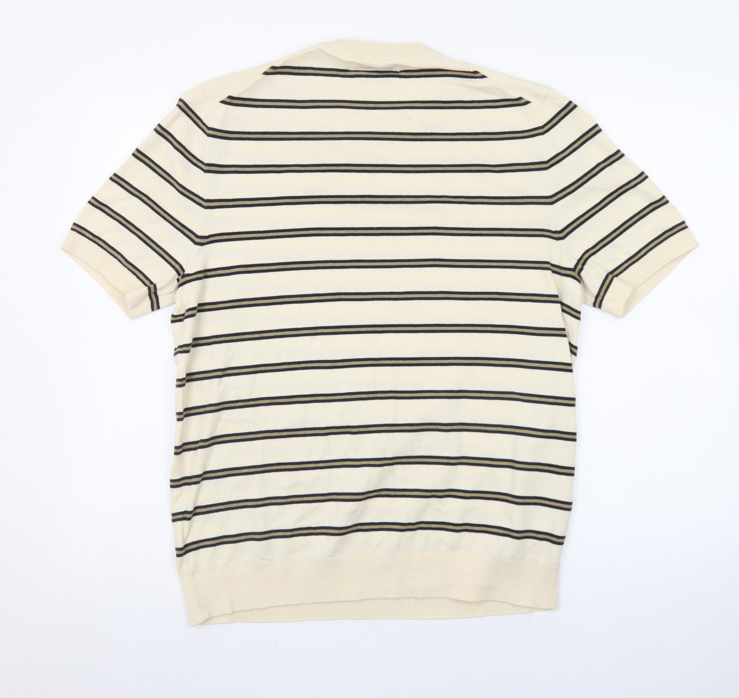 Marks and Spencer Men's Beige Striped Cotton Crew Neck T-Shirt Size M
