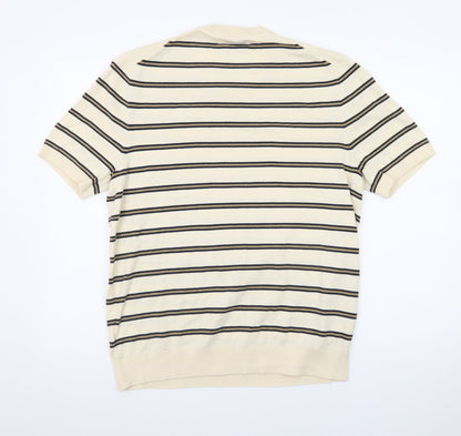 Marks and Spencer Men's Beige Striped Cotton Crew Neck T-Shirt Size M