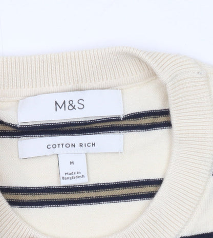 Marks and Spencer Men's Beige Striped Cotton Crew Neck T-Shirt Size M