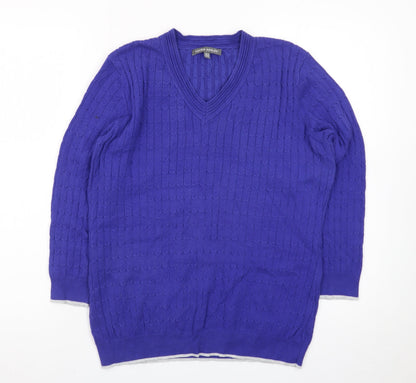 Laura Ashley Women's Blue V-Neck Cotton Cable Knit Jumper Size 12