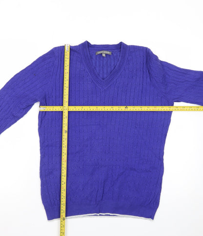 Laura Ashley Women's Blue V-Neck Cotton Cable Knit Jumper Size 12