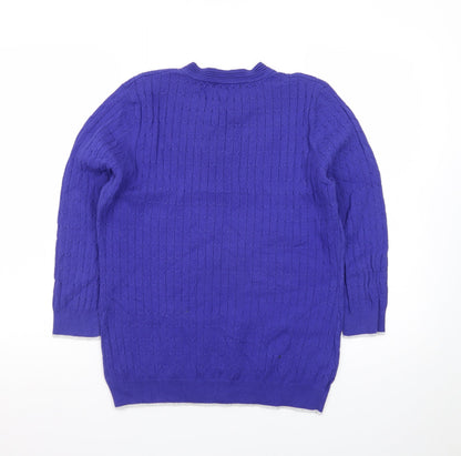 Laura Ashley Women's Blue V-Neck Cotton Cable Knit Jumper Size 12