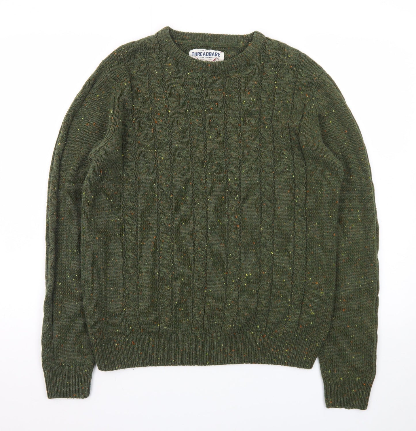 Threadbare Men's Green Cable-Knit Crew Neck Jumper Size M