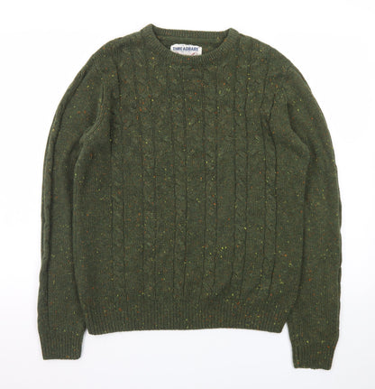 Threadbare Men's Green Cable-Knit Crew Neck Jumper Size M