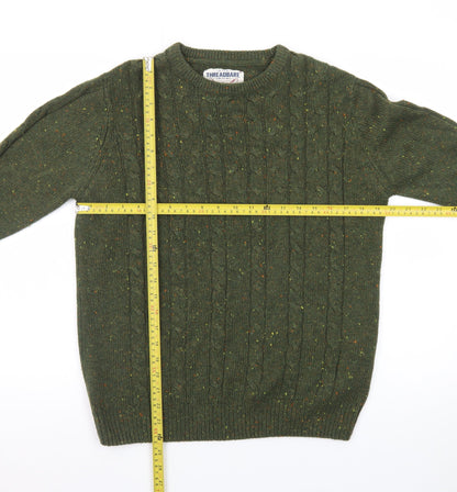 Threadbare Men's Green Cable-Knit Crew Neck Jumper Size M