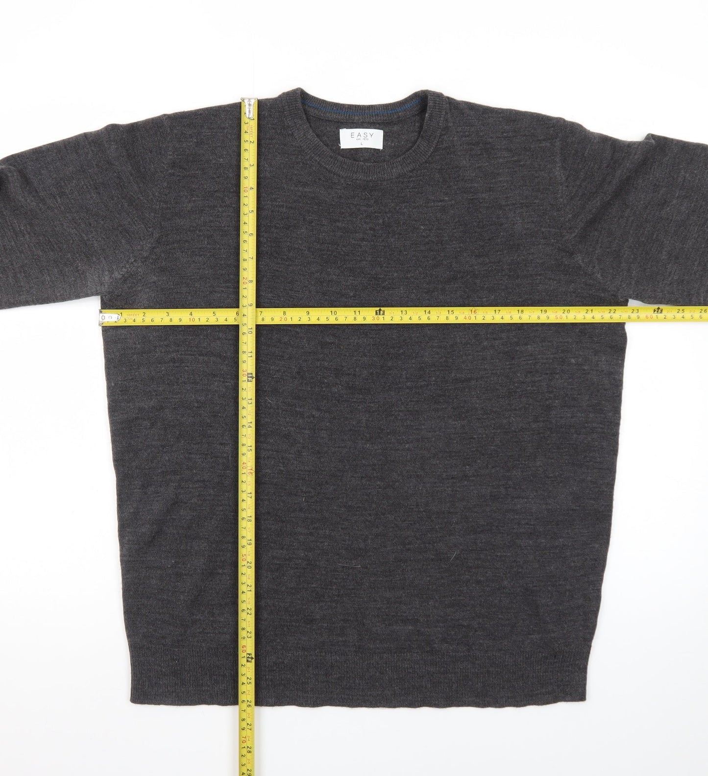 EASY Men Grey Wool Crew Neck Pullover Jumper Size L