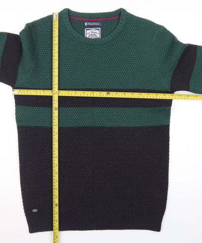 Le Shark Men's Green Black Striped Chunky Knit Jumper Medium