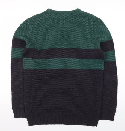 Le Shark Men's Green Black Striped Chunky Knit Jumper Medium