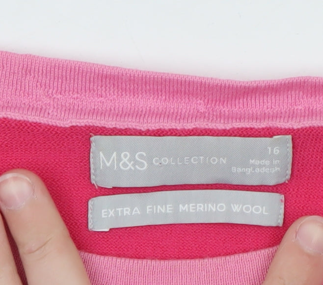 Marks and Spencer Women Pink Crew Neck Merino Wool Jumper Size 16