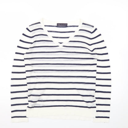 Marks and Spencer Women's Navy Stripe V-Neck Jumper Size 8
