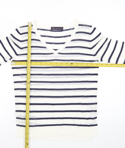 Marks and Spencer Women's Navy Stripe V-Neck Jumper Size 8