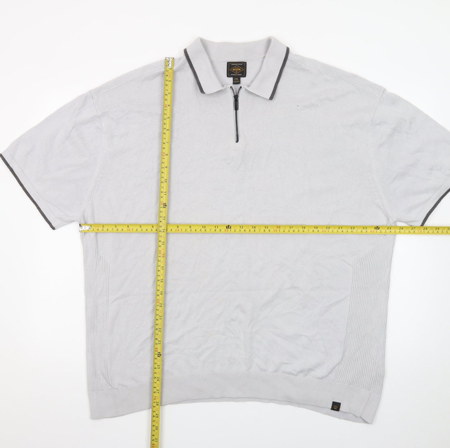 Next Men's Grey 2XL Quarter Zip Polo Shirt Cotton Casual Top