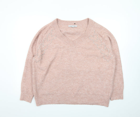 Next Women Pink Beaded V-Neck Pullover Jumper Size 16