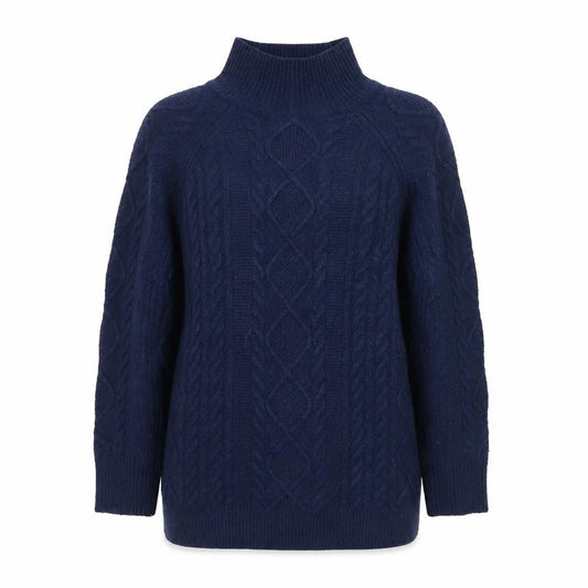 Reiss Women Blue Wool Mock Neck Cable-Knit Jumper XS