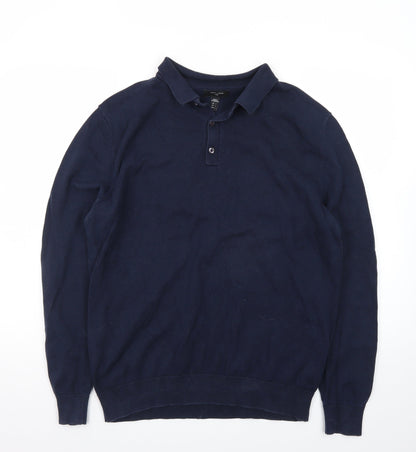 New Look Men’s Blue Long Sleeve Cotton Polo Shirt Size L