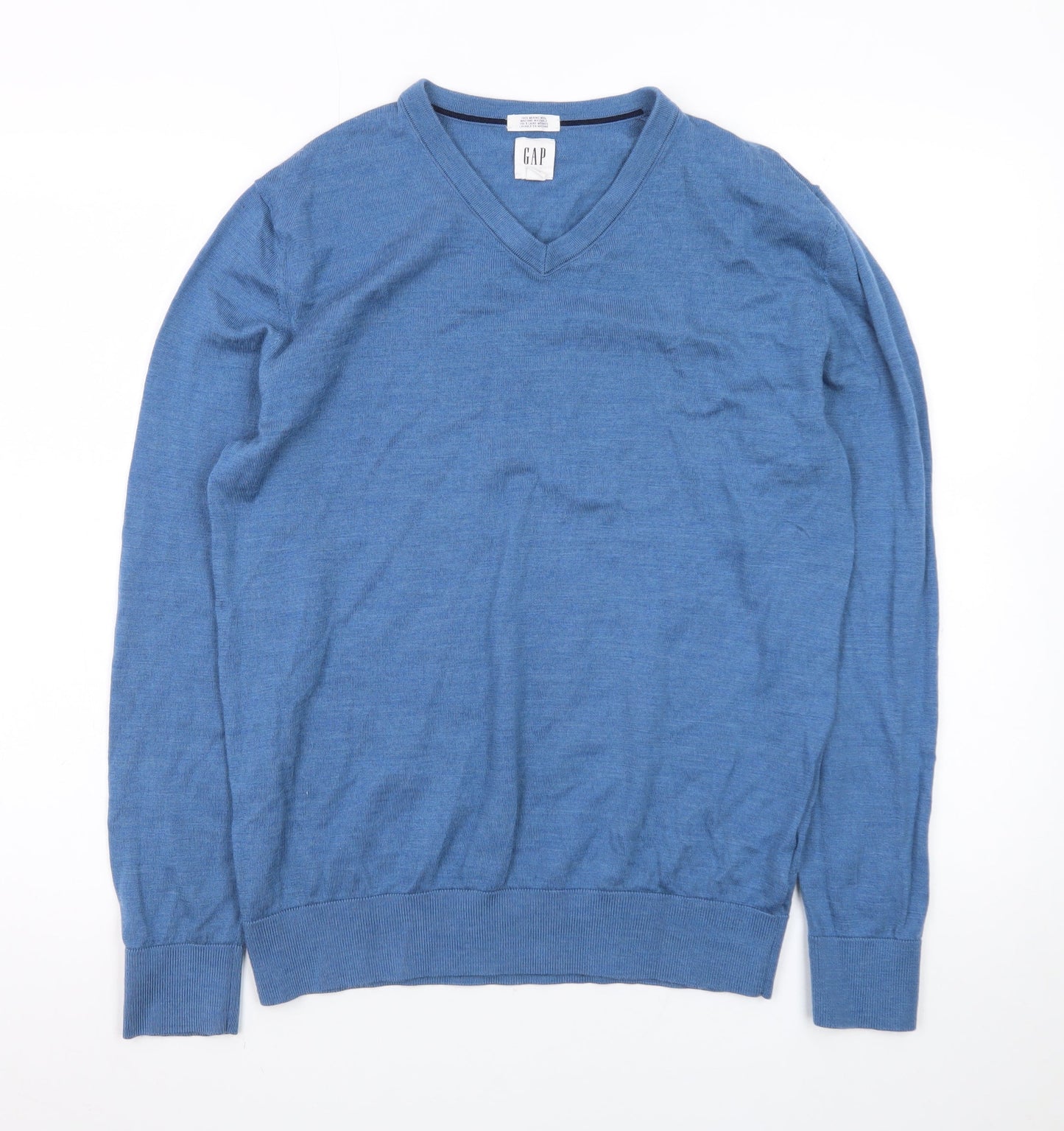 GAP Men's Blue V-Neck Merino Wool Jumper Size M