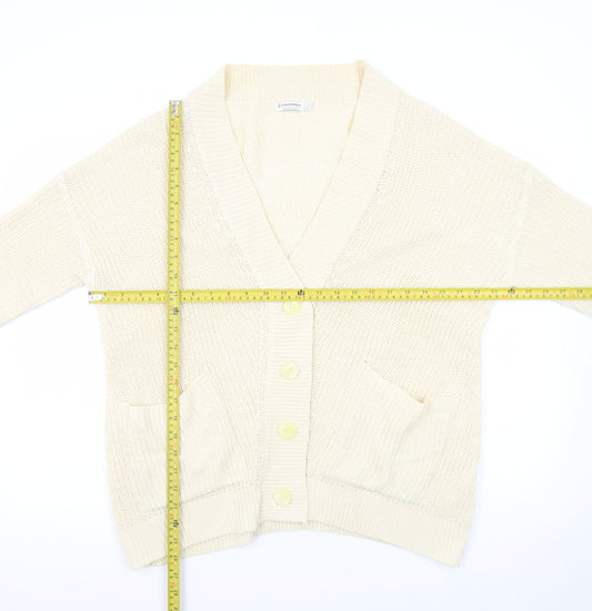 Stradivarius Women Ivory XS Knit Cotton Button Cardigan Jumper